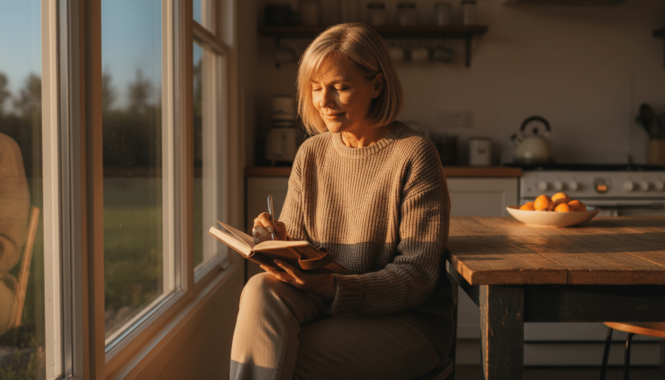 Personne écrivant dans un journal de gratitude au coucher du soleil