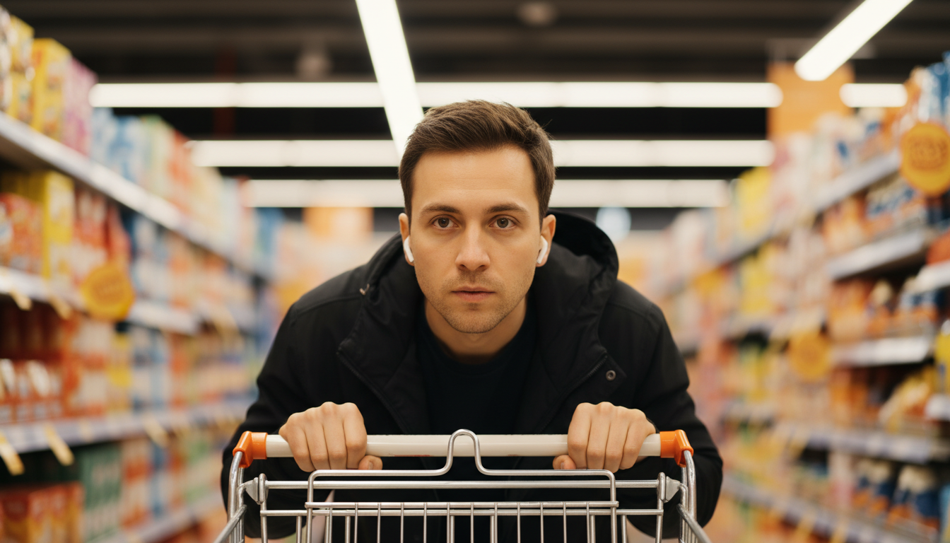 Personne portant des écouteurs en faisant ses courses au supermarché