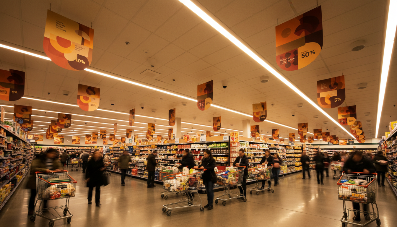 Haut-parleurs et système sonore au plafond d'un supermarché