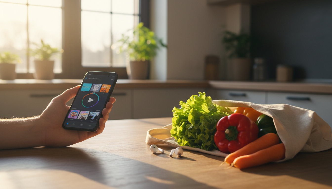 Smartphone avec playlist musicale à côté d'un sac de courses