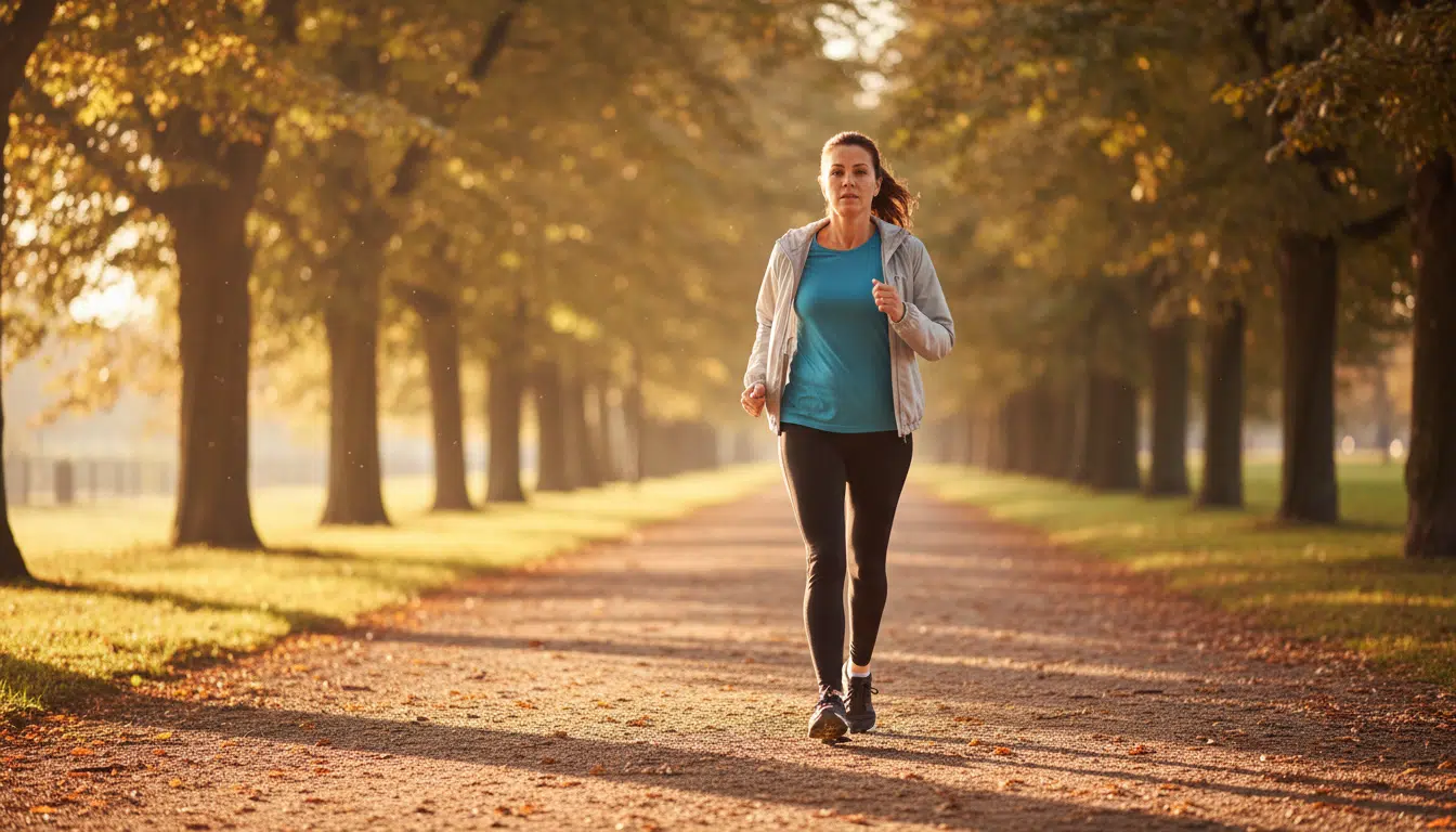 Femme marchant d'un pas rapide dans un parc ensoleillé