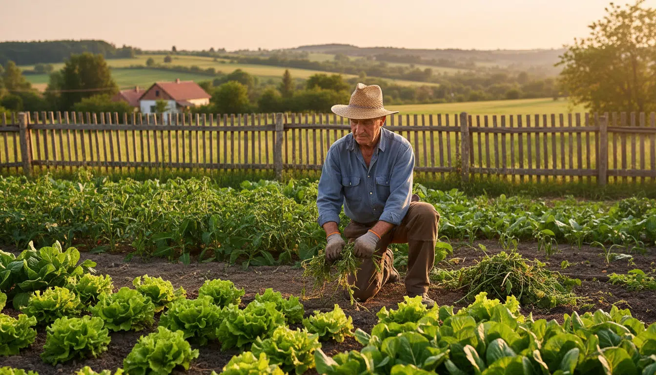 Homme âgé jardinant dans un potager en zone rurale