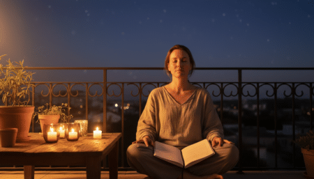 Personne méditant au coucher du soleil avec un journal