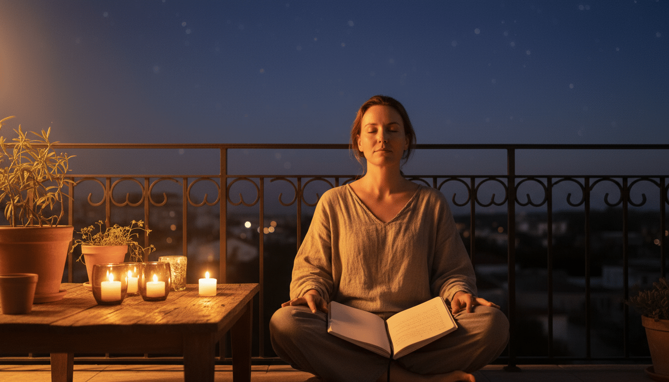 Personne méditant au coucher du soleil avec un journal