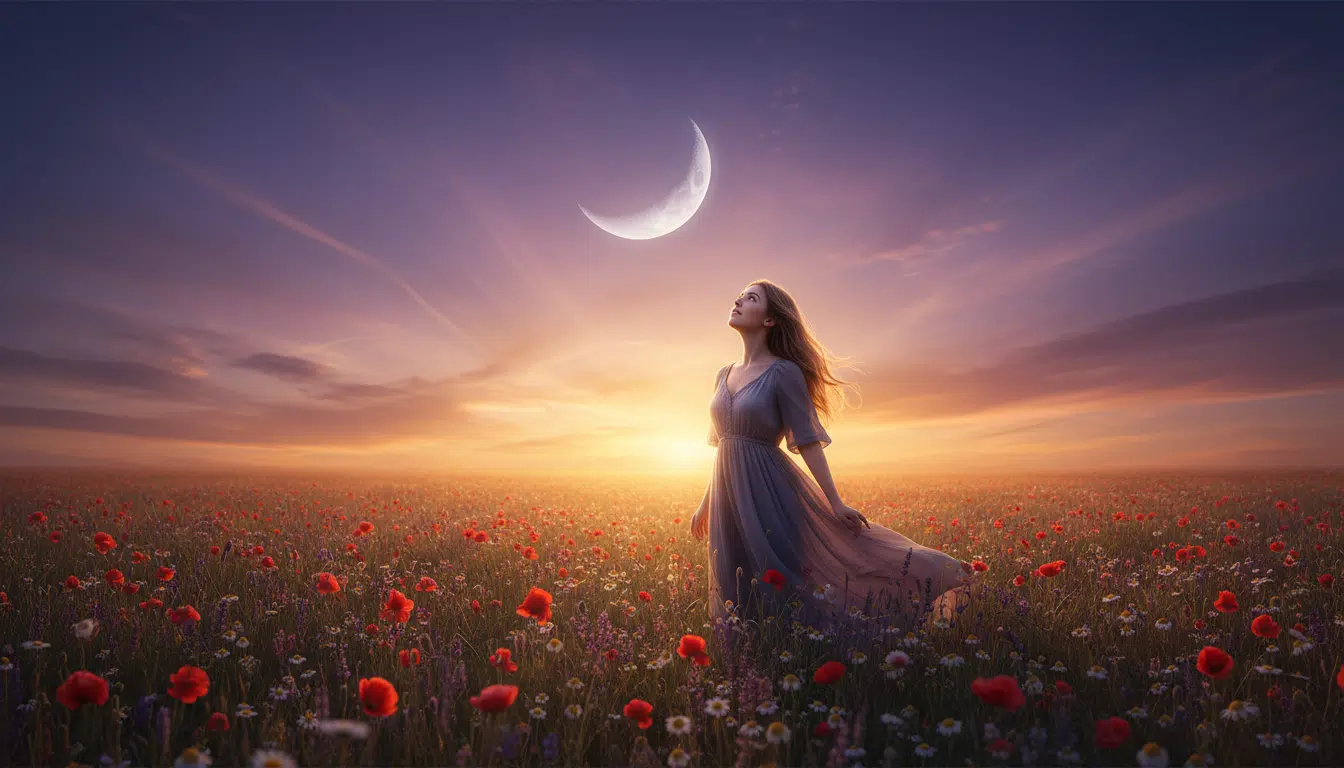 Femme contemplant un croissant de lune dans un ciel doré