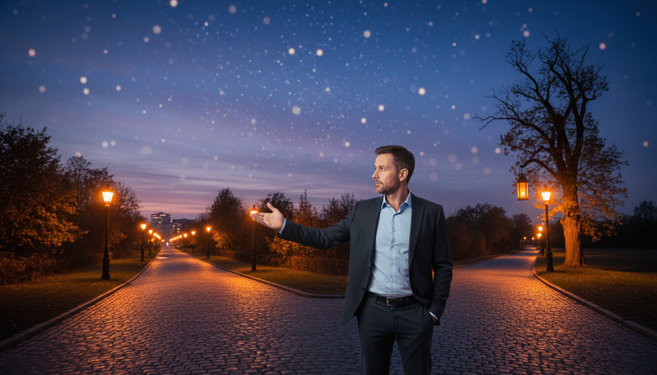 Homme à un carrefour symbolique sous un ciel étoilé