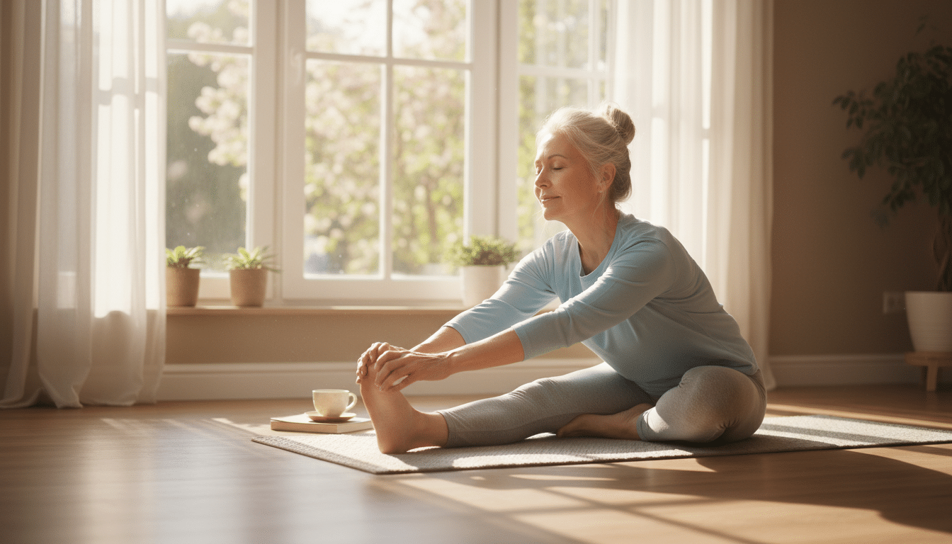 Senior qui fait des étirements matinaux près d'une fenêtre