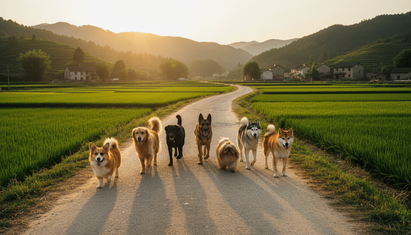 Sept chiens de races différentes marchant ensemble sur une route de campagne