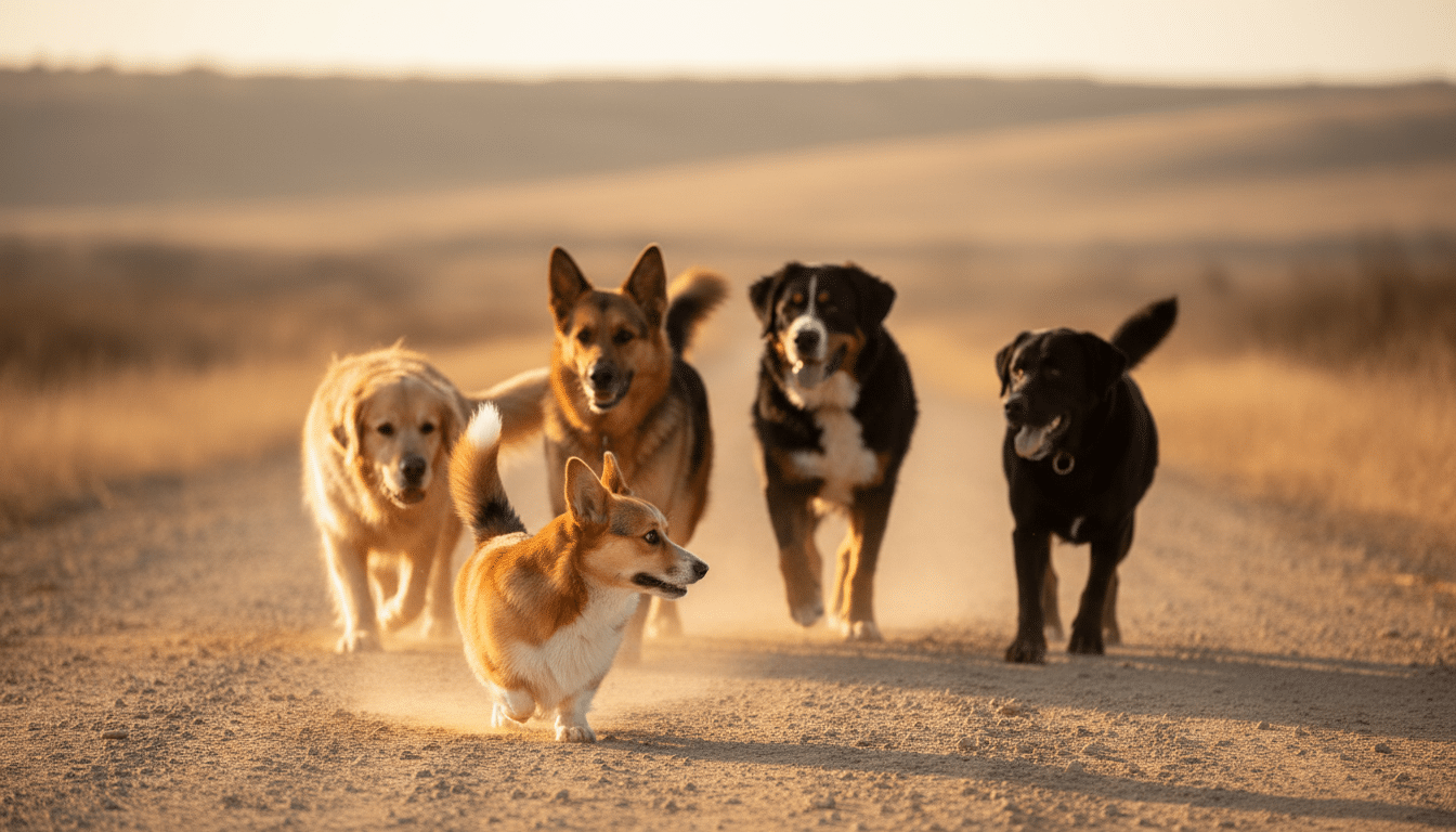 Un Corgi se retourne pour guider la meute de chiens derrière lui