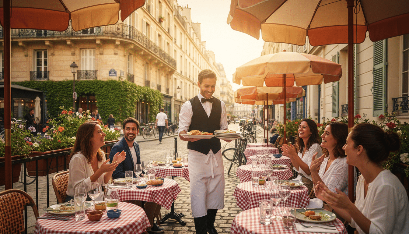 Serveur de bistrot parisien apportant des plats