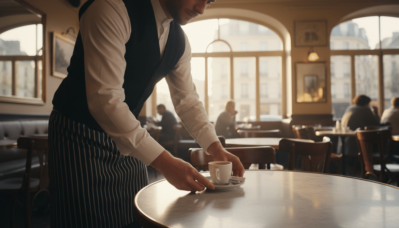 Serveur français pose café espresso avec sucre en morceau sur soucoupe