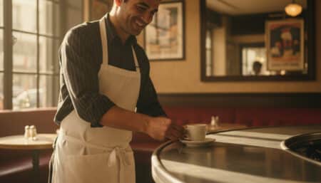 Serveur français pose un espresso au comptoir d'un café parisien