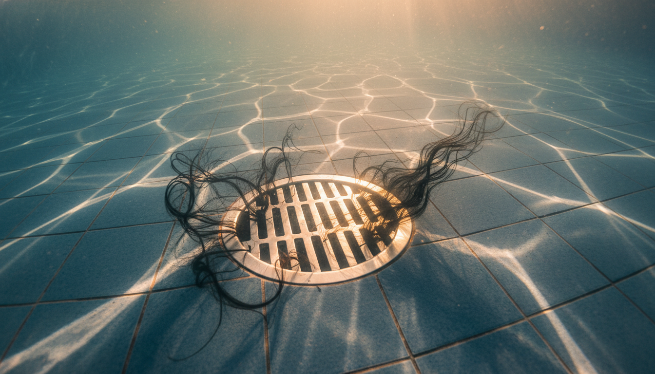 Grille d'aspiration au fond d'une piscine avec cheveux flottants