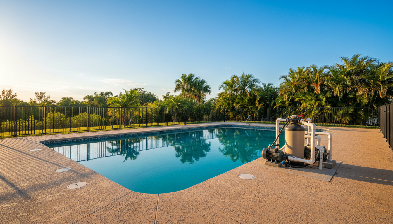Piscine privée avec système de pompe visible en extérieur