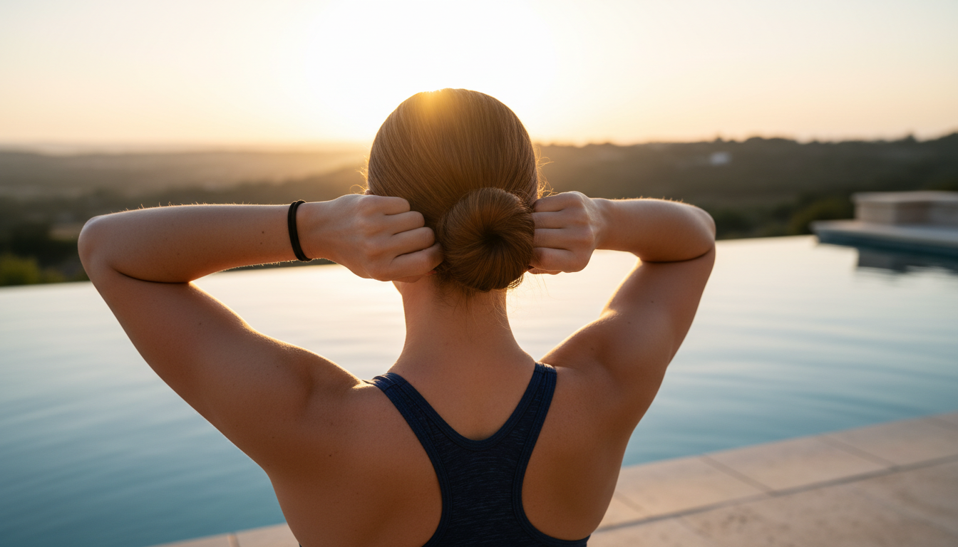 Femme attachant ses cheveux avant de se baigner dans une piscine