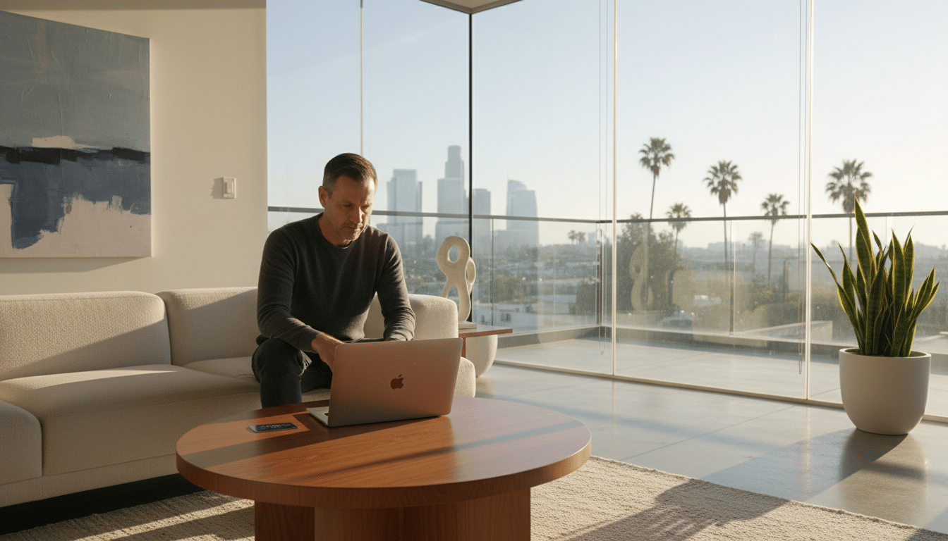 Homme seul avec un ordinateur dans son salon