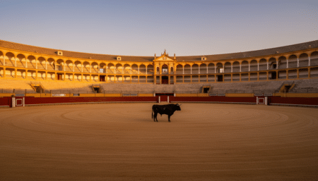 Arène de la Maestranza à Séville avec un taureau