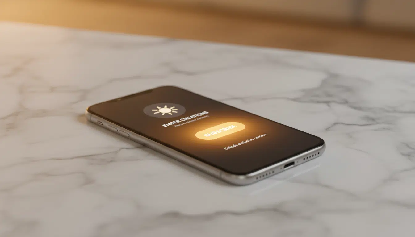 Smartphone affichant un profil avec bouton d'abonnement sur fond chaud