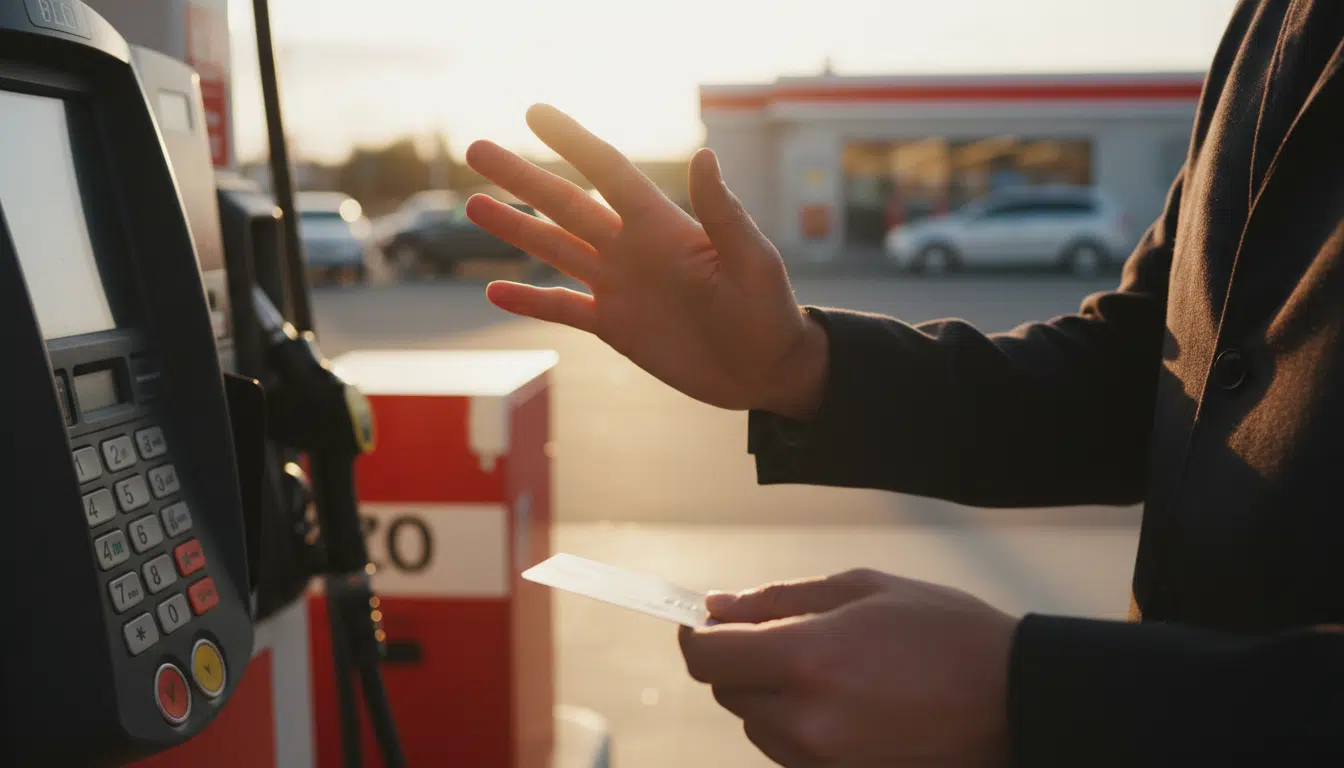 Main protégeant la saisie du code PIN à la pompe