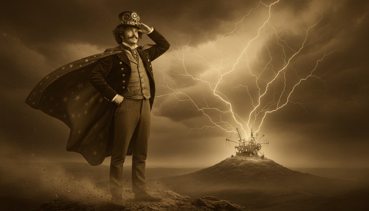 showman du XIXe siècle sous un ciel orageux