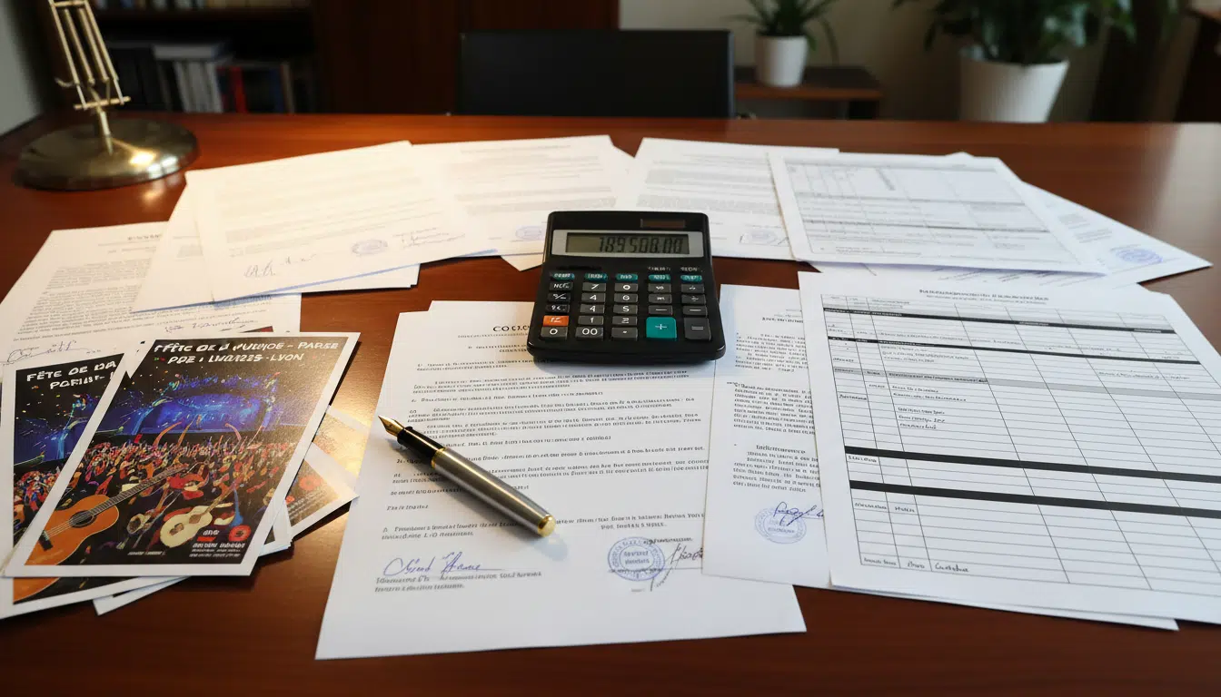 Bureau d'organisateur de festival avec contrats signés et documents financiers