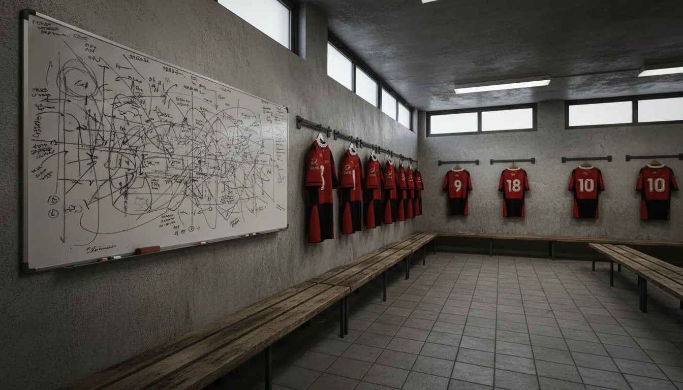 Vestiaire de rugby vide avec maillots rouges et noirs accrochés et tableau tactique après une défaite