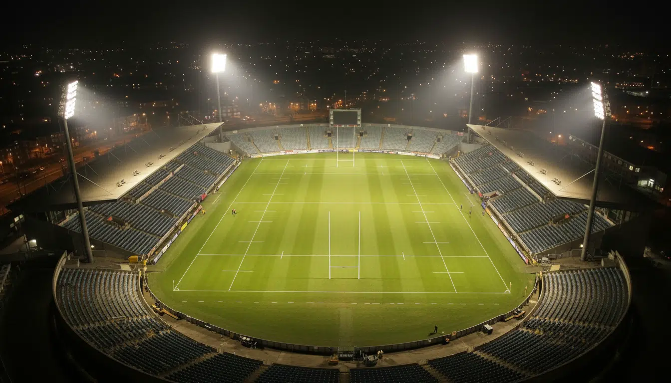 Stade de rugby vue aérienne la nuit sous les projecteurs après un match de Champions Cup