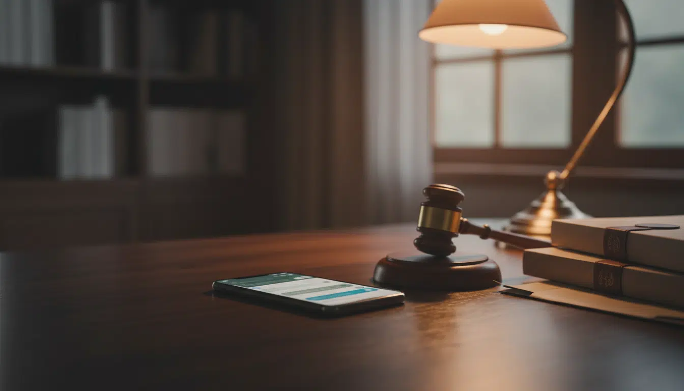 Écran de chatbot IA posé à côté de documents juridiques