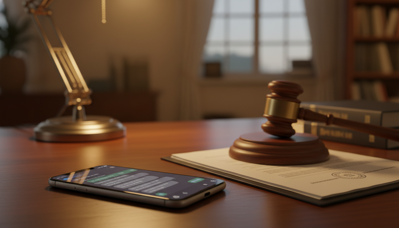 Écran de smartphone avec conversation chatbot et documents juridiques