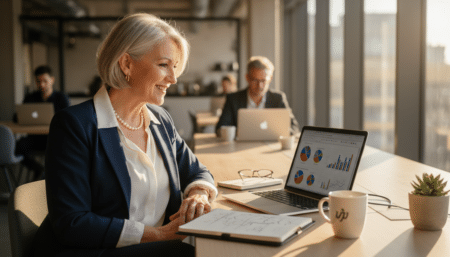 Senior entrepreneuse devant un ordinateur portable