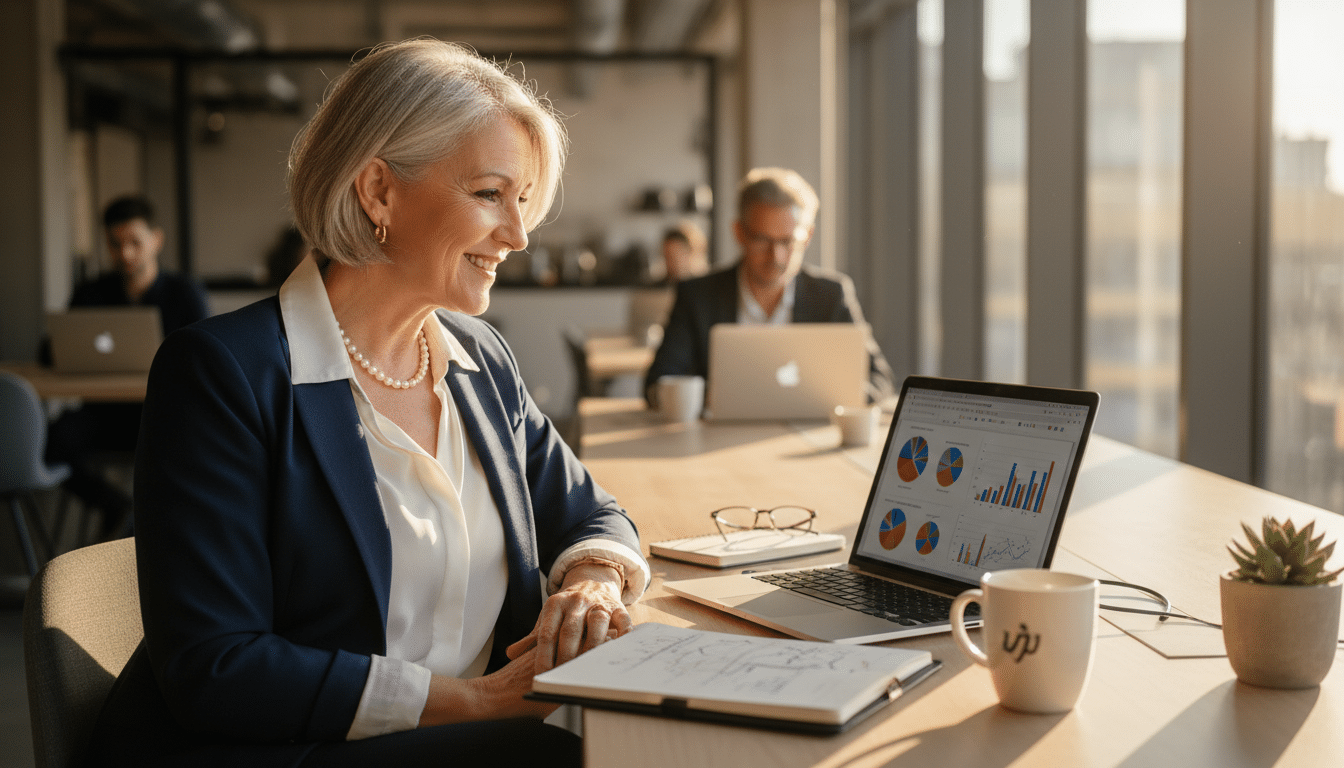 Senior entrepreneuse devant un ordinateur portable