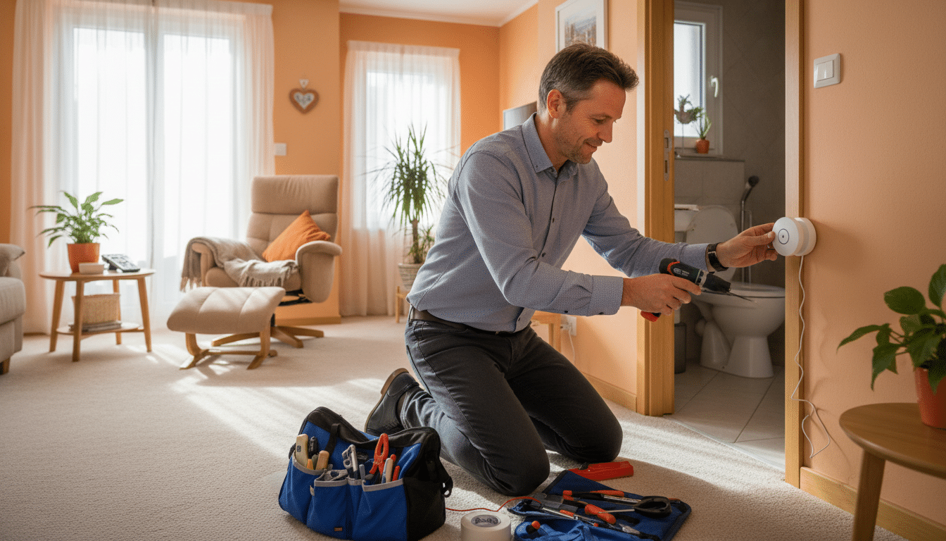 Entrepreneur installant un capteur domotique au domicile d'un senior