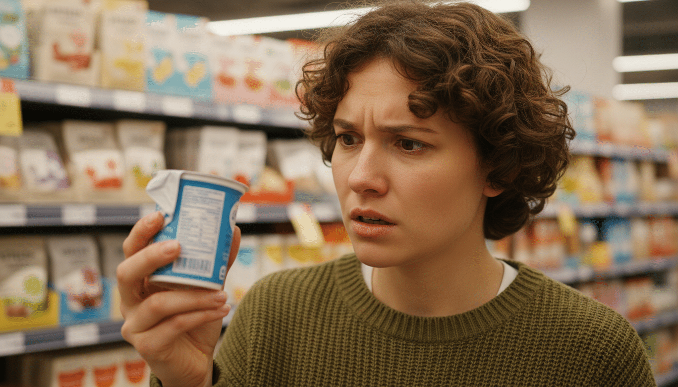 Personne lisant l'étiquette d'un skyr au supermarché
