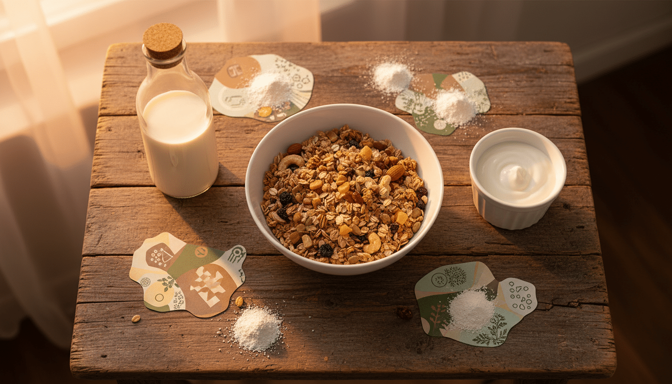 Muesli, lait végétal et yaourt entourés d'additifs industriels
