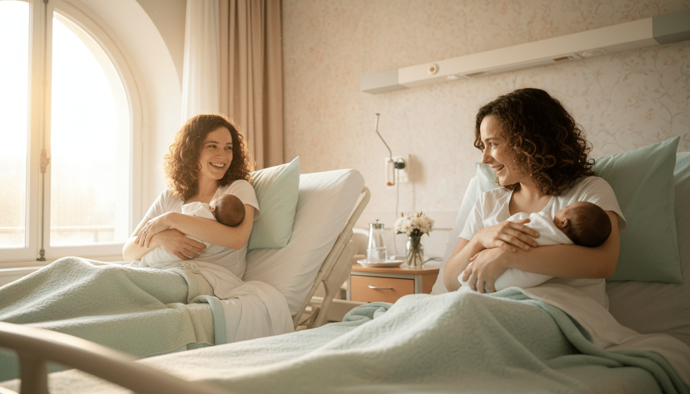 Les jumelles Valérie et Nadine avec leurs bébés à la maternité