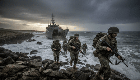 Soldats argentins débarquant sur les îles Malouines en 1982