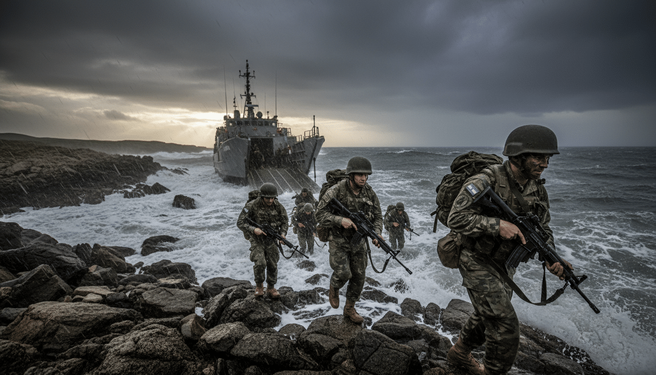 Soldats argentins débarquant sur les îles Malouines en 1982