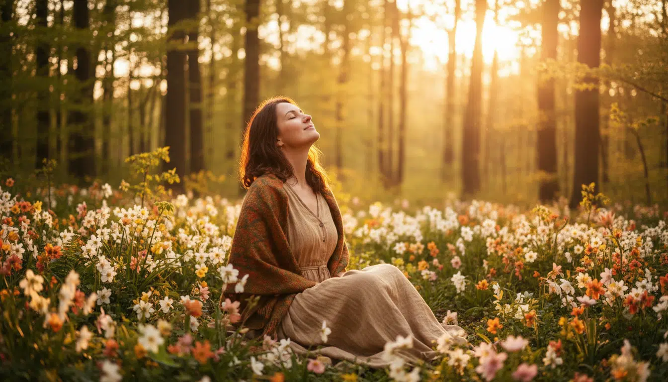 Femme profitant du soleil printanier entourée de fleurs