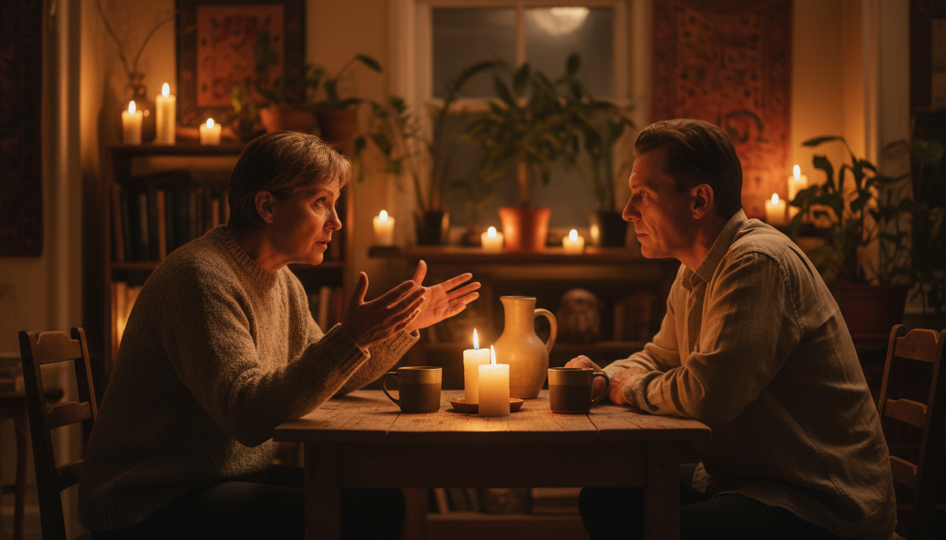 Deux personnes en conversation profonde à la lumière des bougies