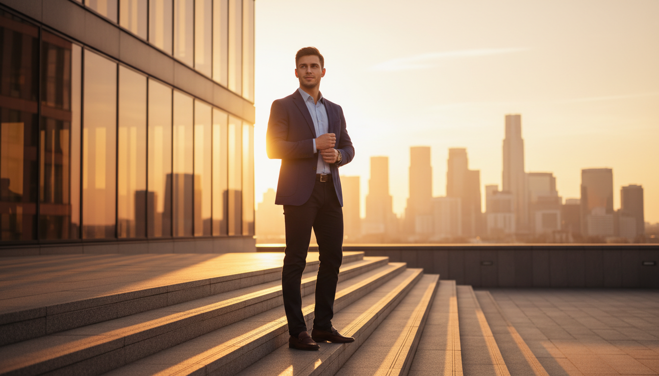 Homme confiant devant un immeuble de bureaux au lever du soleil