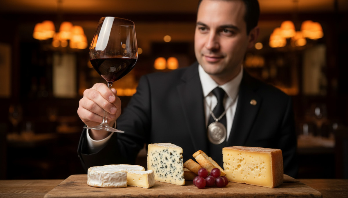 Sommelier français associant vin rouge et plateau de fromages artisanaux