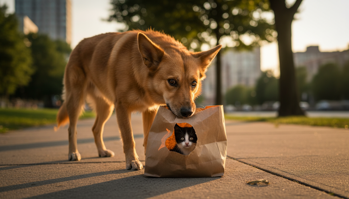Chien reniflant un sac en papier contenant un chaton