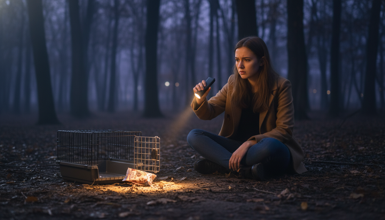 Femme cherchant un chaton la nuit dans un parc