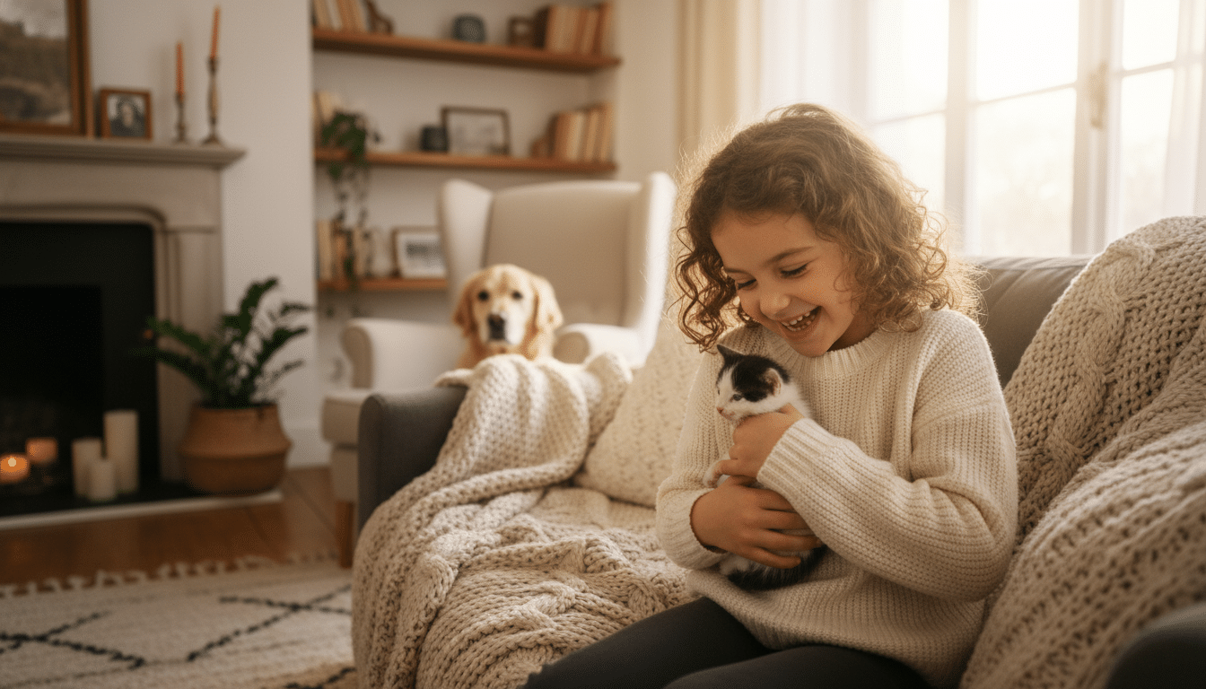 Fillette tenant un chaton noir et blanc adopté