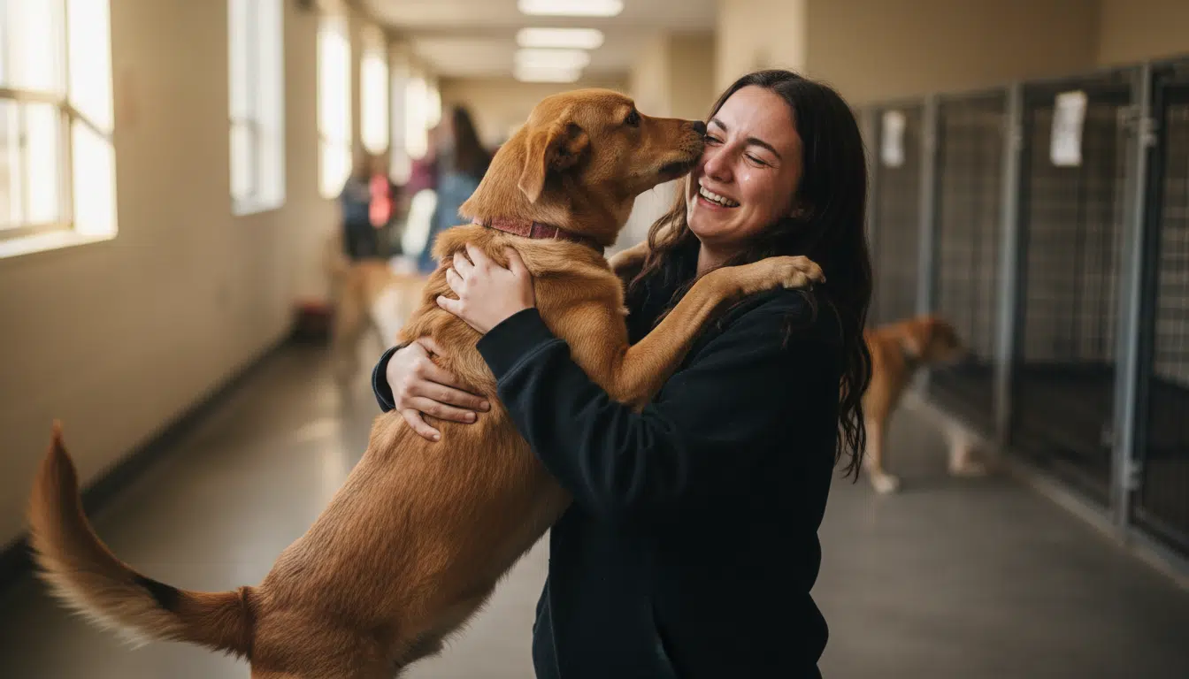 Femme en larmes retrouve son chien dans un refuge
