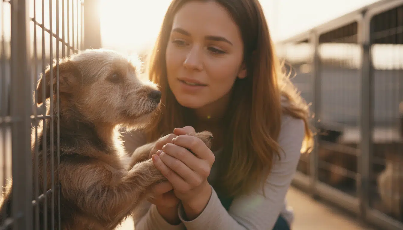 Mains de femme tendues vers un chien en cage