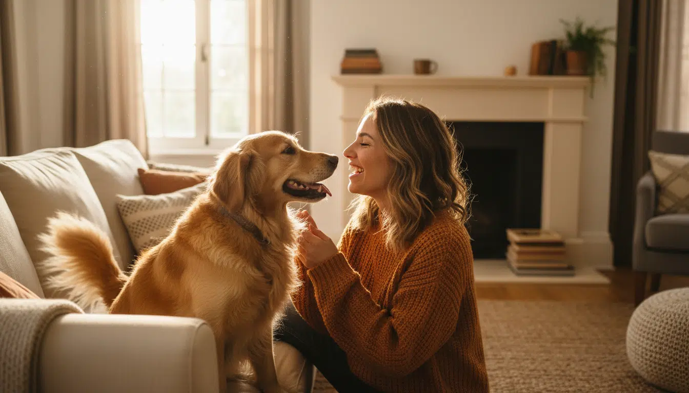 Chien heureux avec sa maîtresse sur un canapé