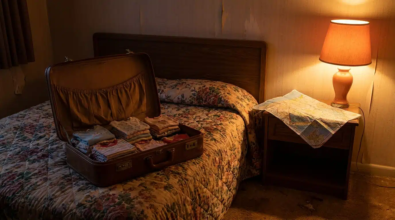Chambre de motel avec valise et affaires d'enfant