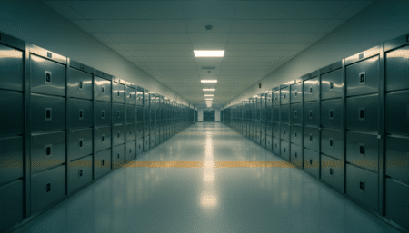 Couloir de morgue d'hôpital aux portes métalliques