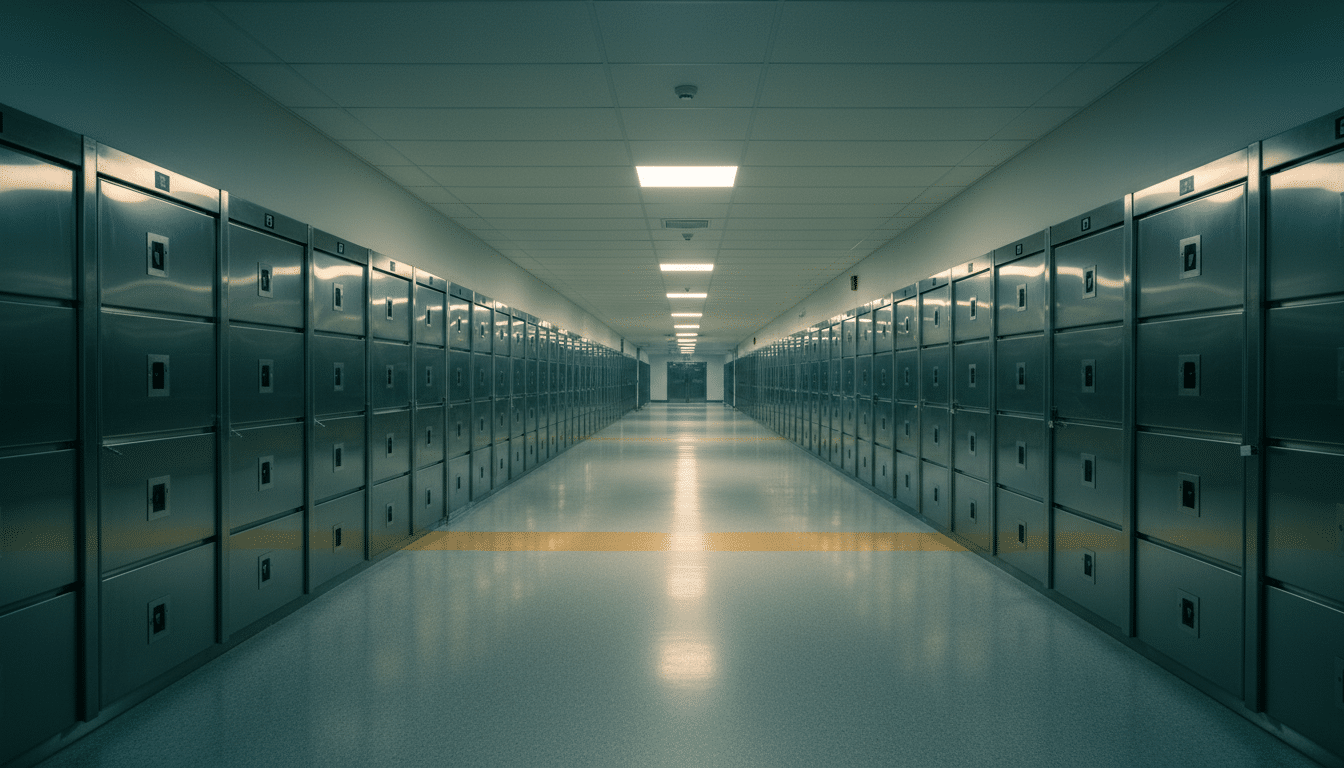 Couloir de morgue d'hôpital aux portes métalliques